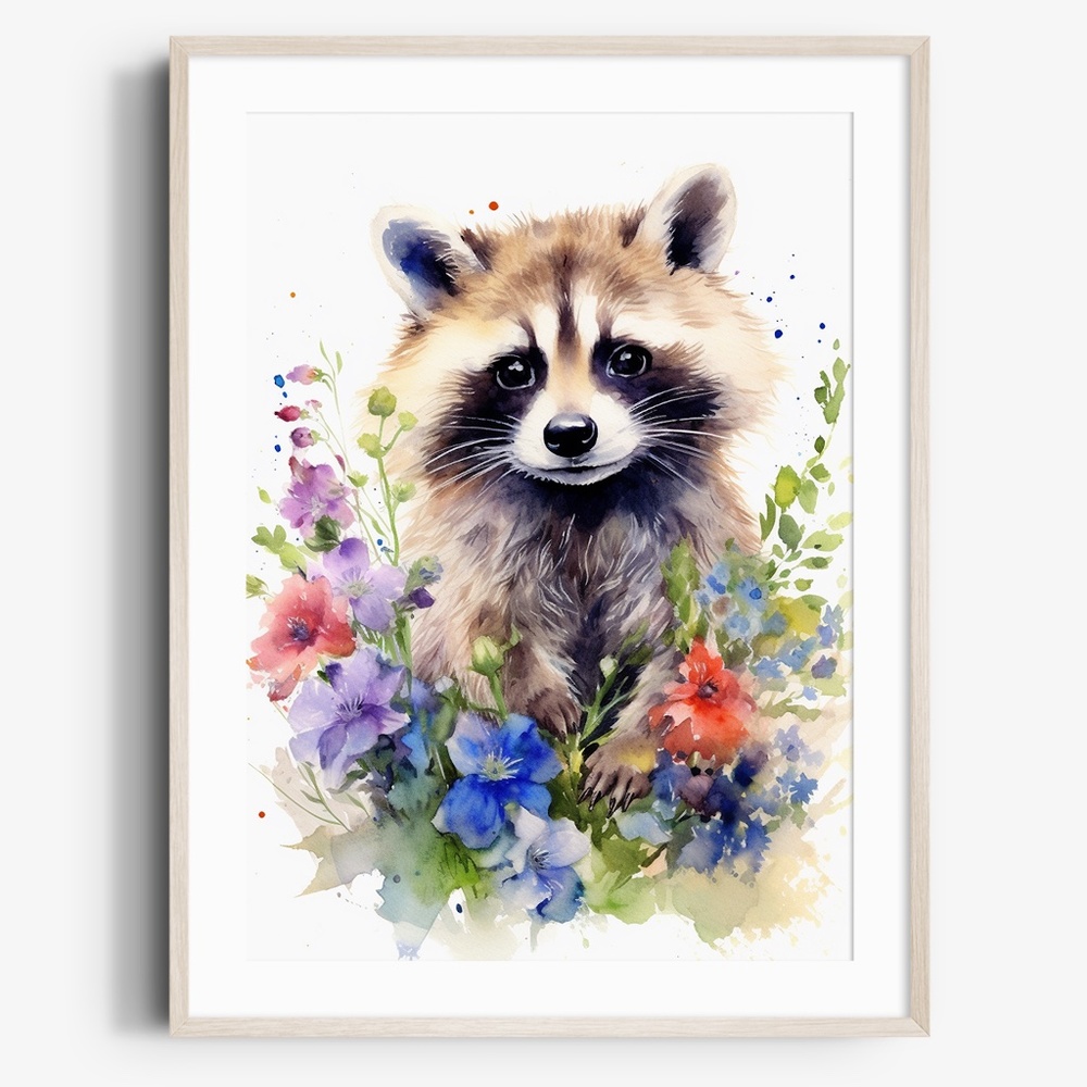 Watercolor Floral Raccoon Wall Art Illustration Print Poster Card Unframed - Picture 1 of 6